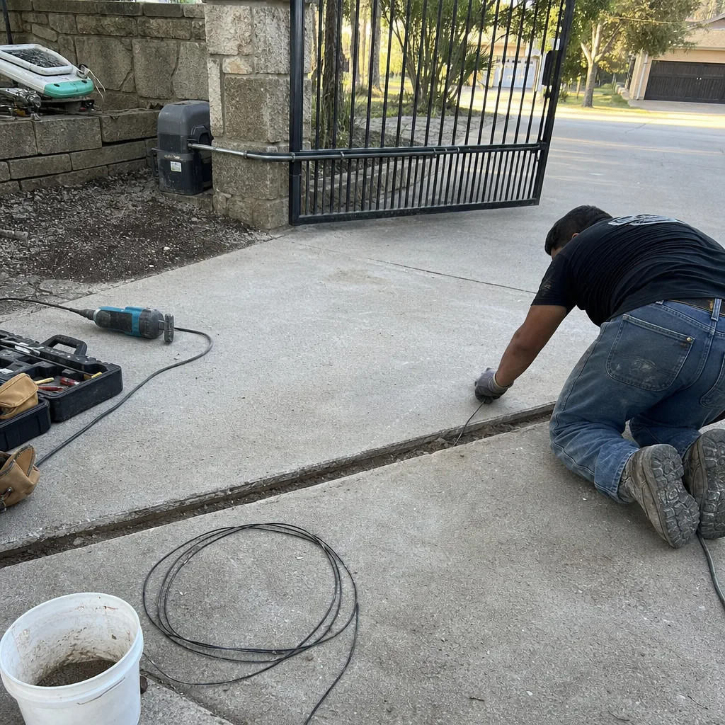 Technician installing gate access control wiring in a residential concrete driveway nationwide