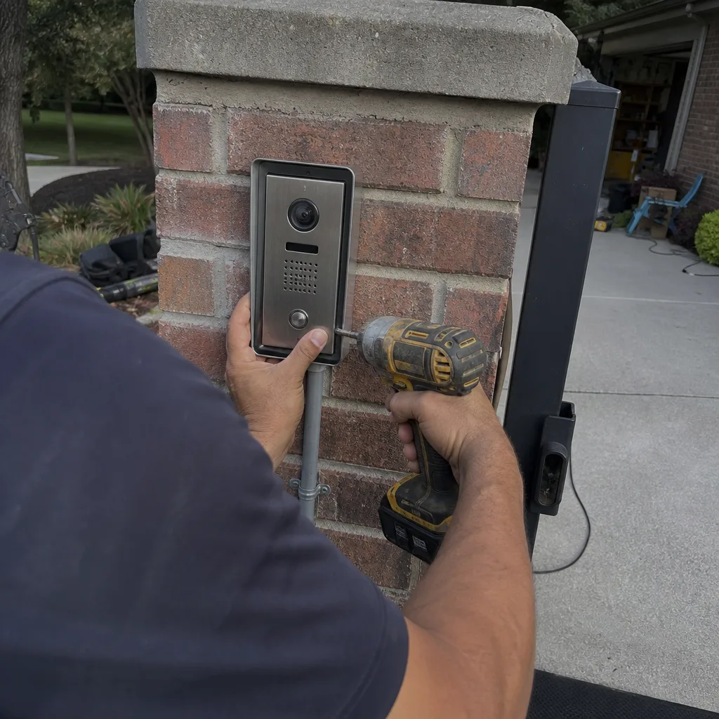 Technician installing a gate access control intercom system on a brick pillar in Denton, TX