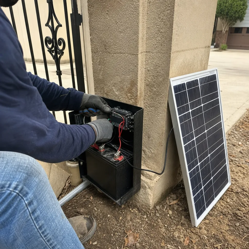 Technician installing solar-powered gate access control system in Flower Mound, TX