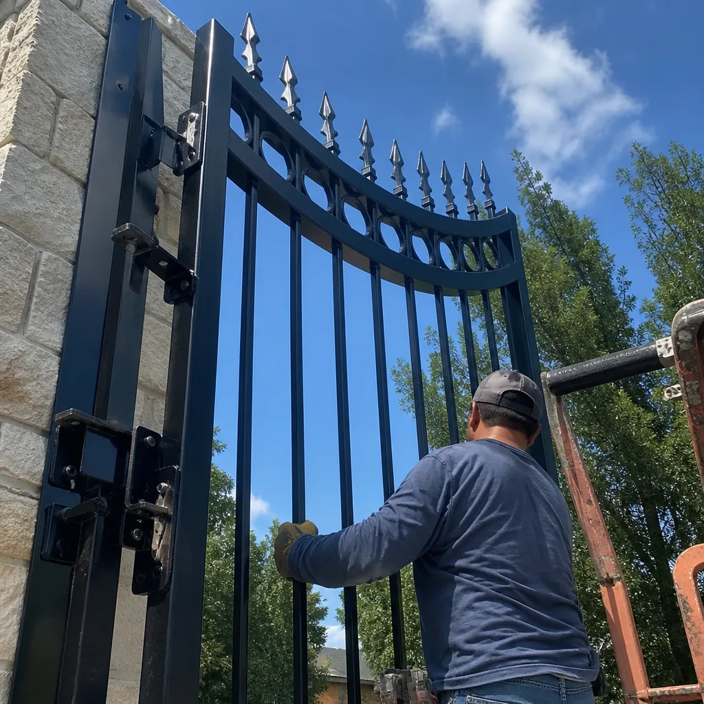 Contractor installing a decorative black wrought iron metal driveway gate