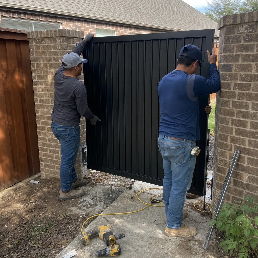Two contractors installing a new black metal gate at a residential property