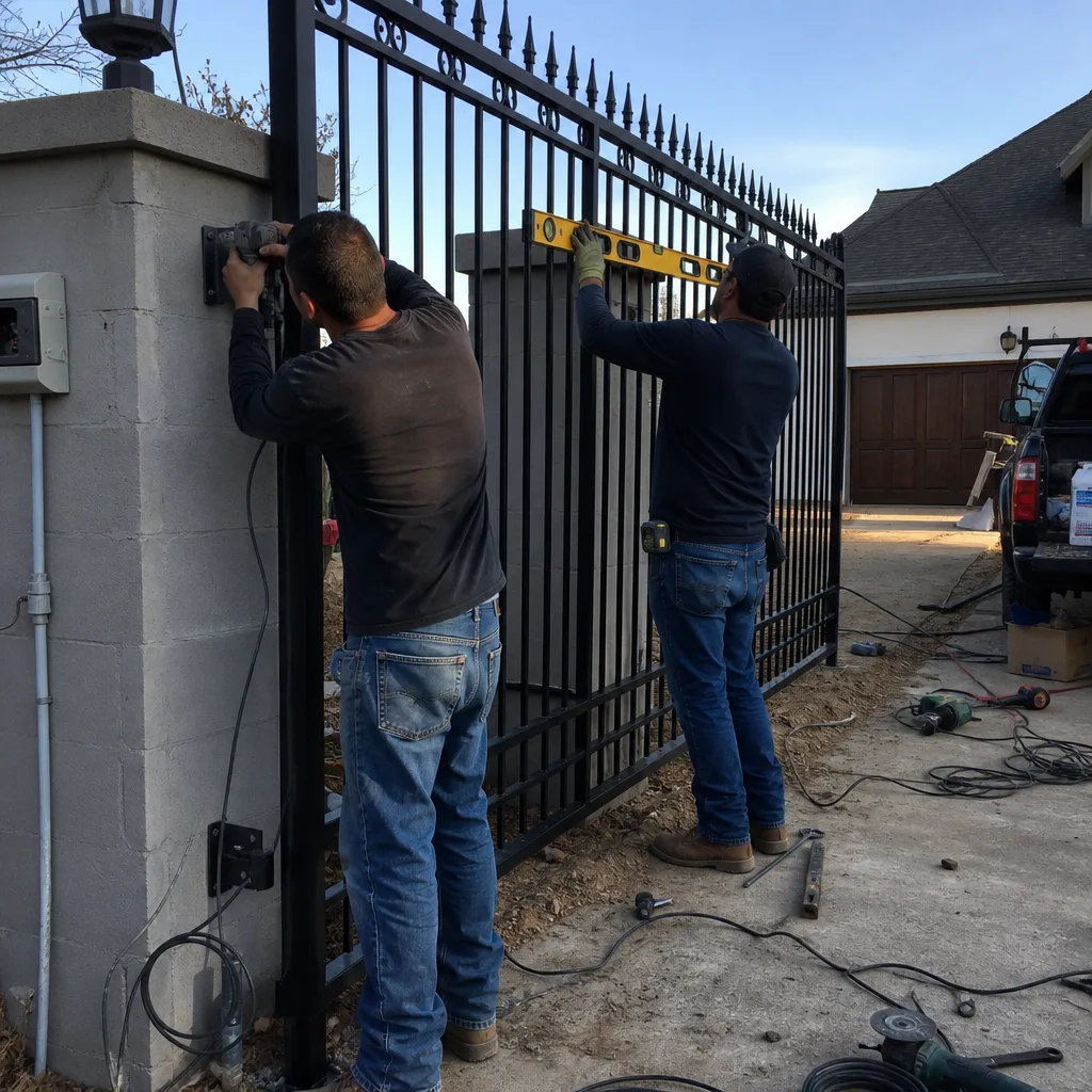 Two contractors installing a custom metal driveway gate at a home.