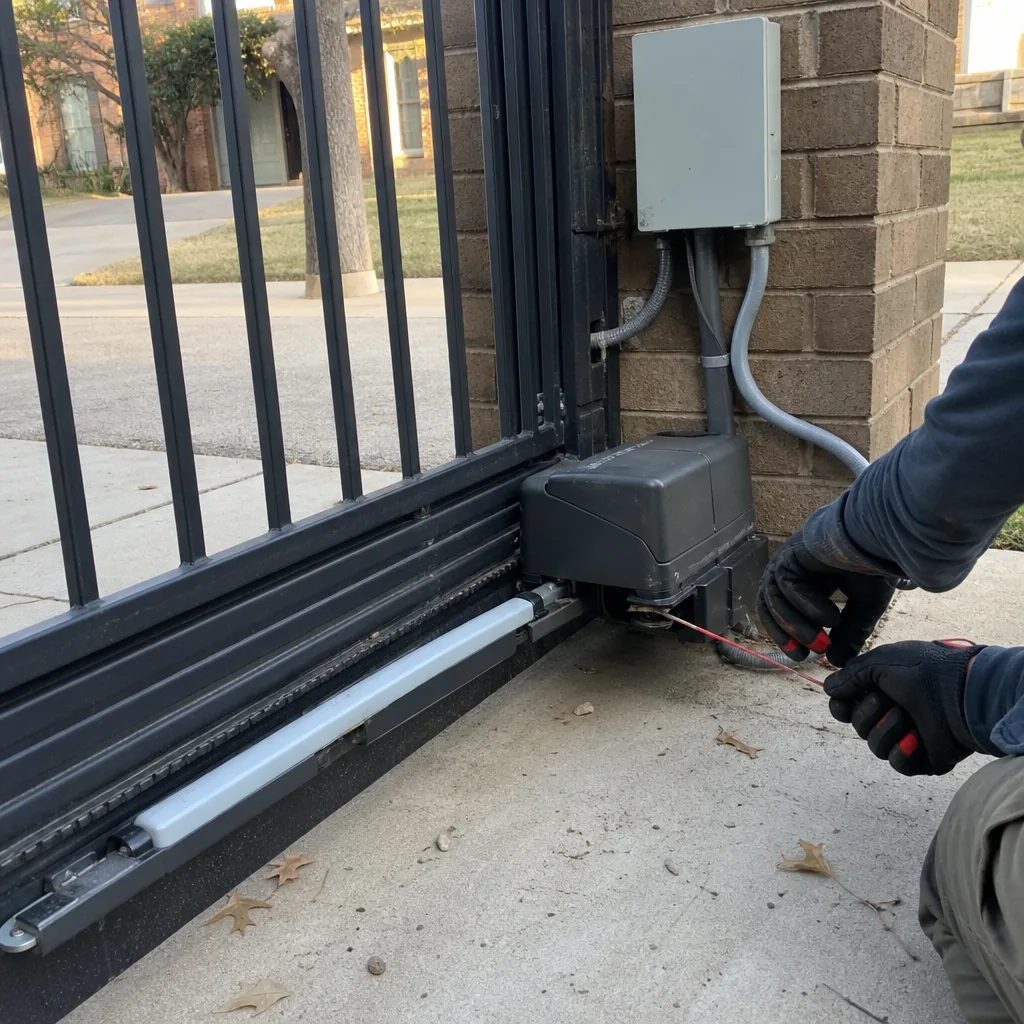 Technician performing professional gate motor and opener repair services nationwide