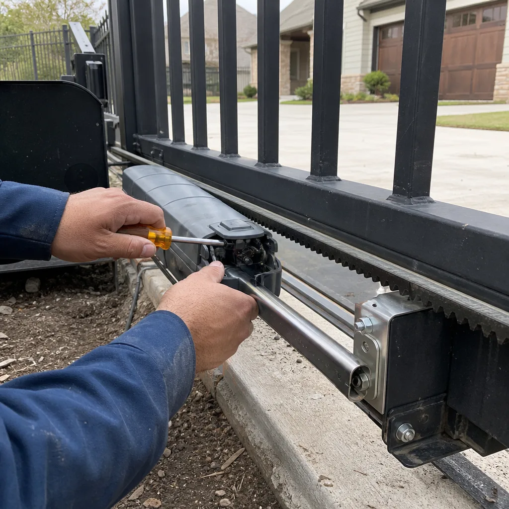 Technician performing professional repair on an automatic sliding gate motor in Flower Mound, TX