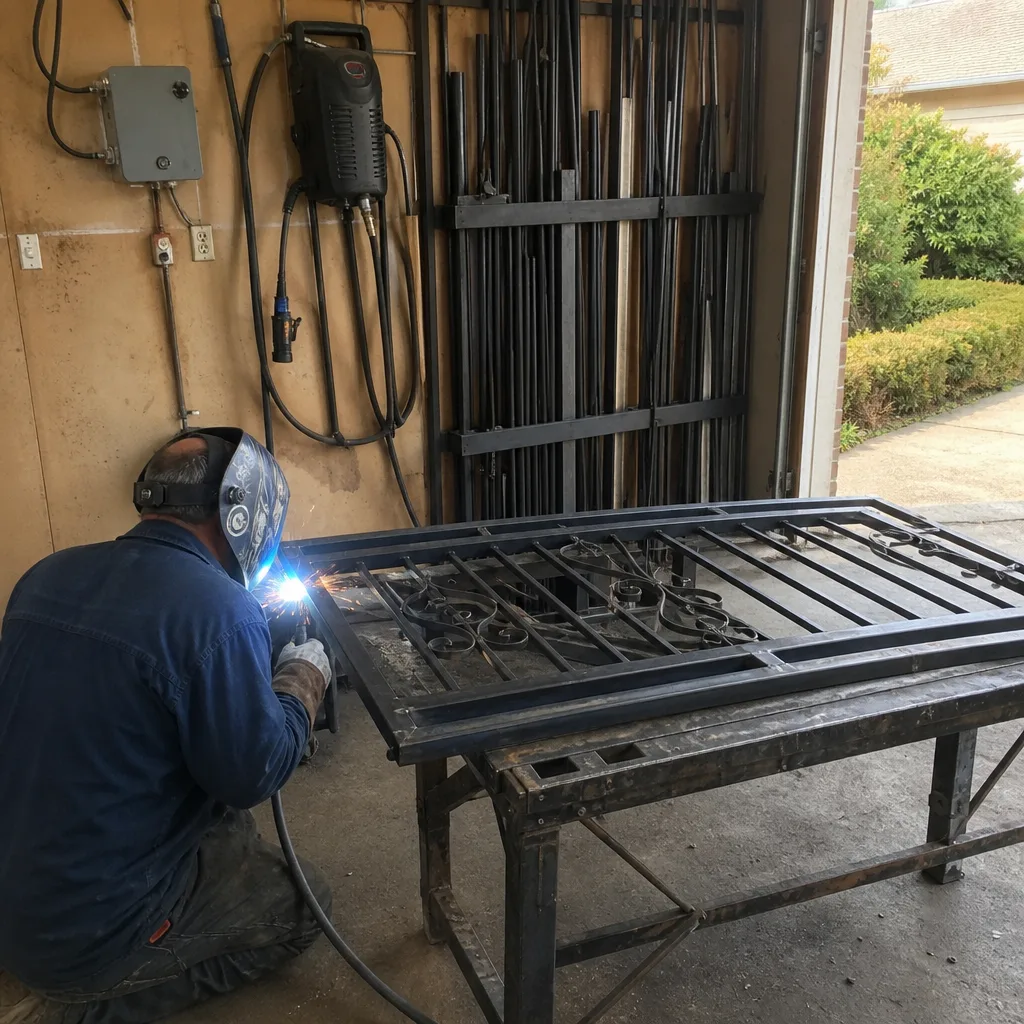 Welder repairing a custom iron gate in a professional workshop in Argyle, TX