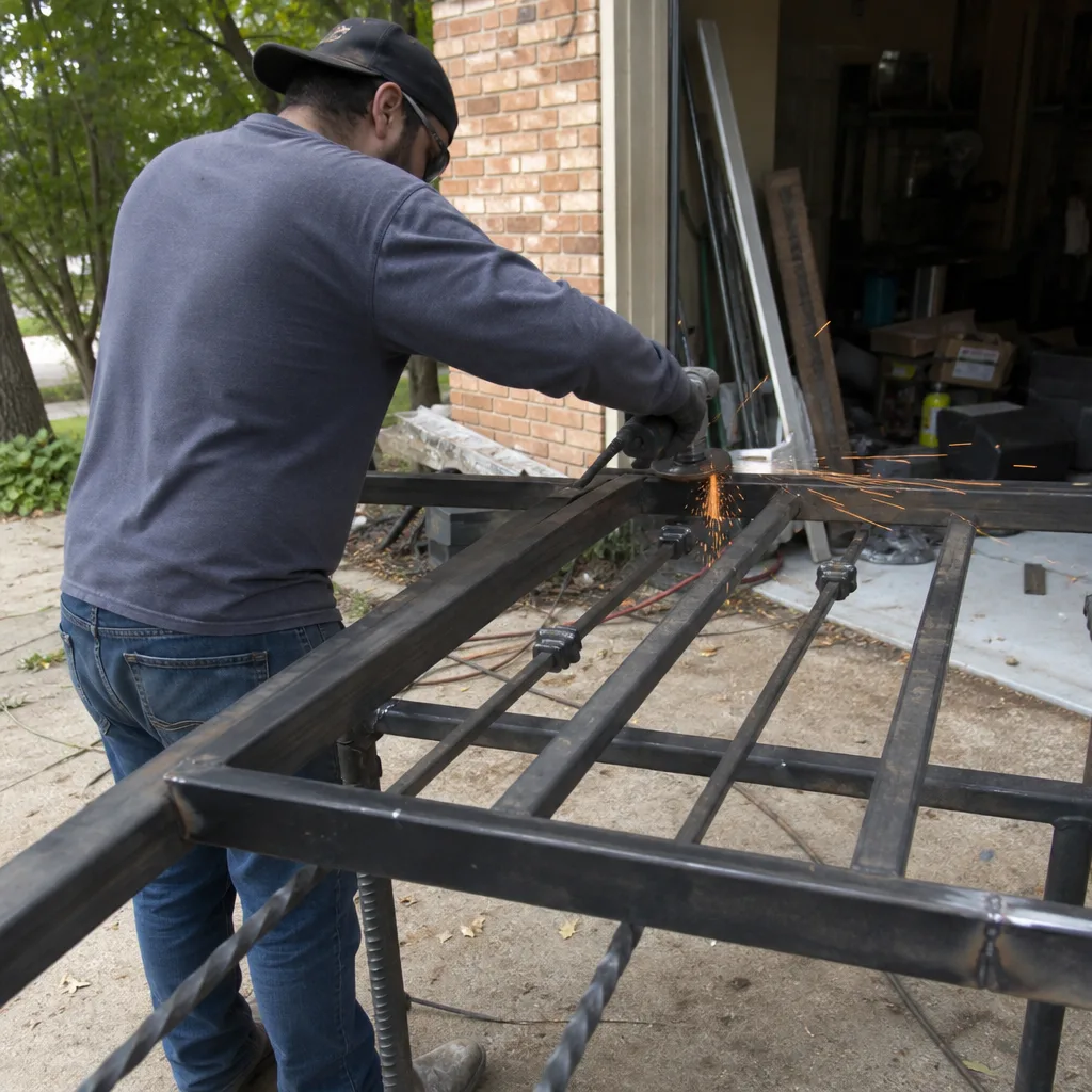 Metalworker using angle grinder for steel gate repair and welding nationwide