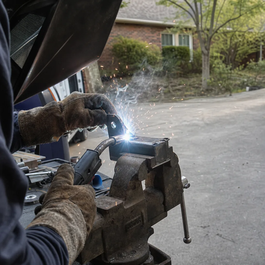Professional welder performing metal fabrication and gate part repairs in Flower Mound, TX